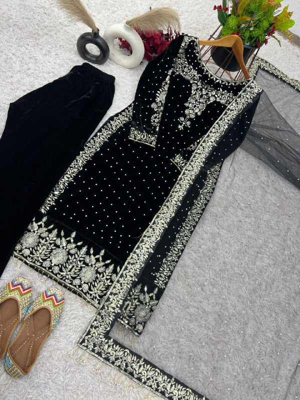 Luxurious Viscose Velvet Party Wear Suit Set For Women - Purple, Maroon, Blue and Black