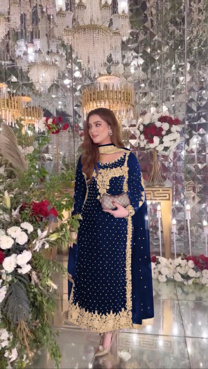 Luxurious Viscose Velvet Party Wear Suit Set For Women - Purple, Maroon, Blue and Black