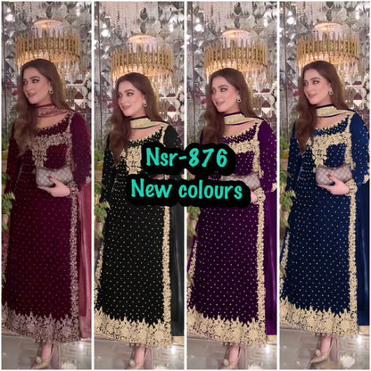 Luxurious Viscose Velvet Party Wear Suit Set For Women - Purple, Maroon, Blue and Black