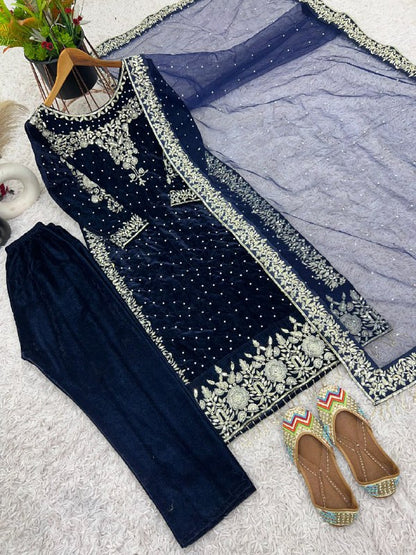 Luxurious Viscose Velvet Party Wear Suit Set For Women - Purple, Maroon, Blue and Black