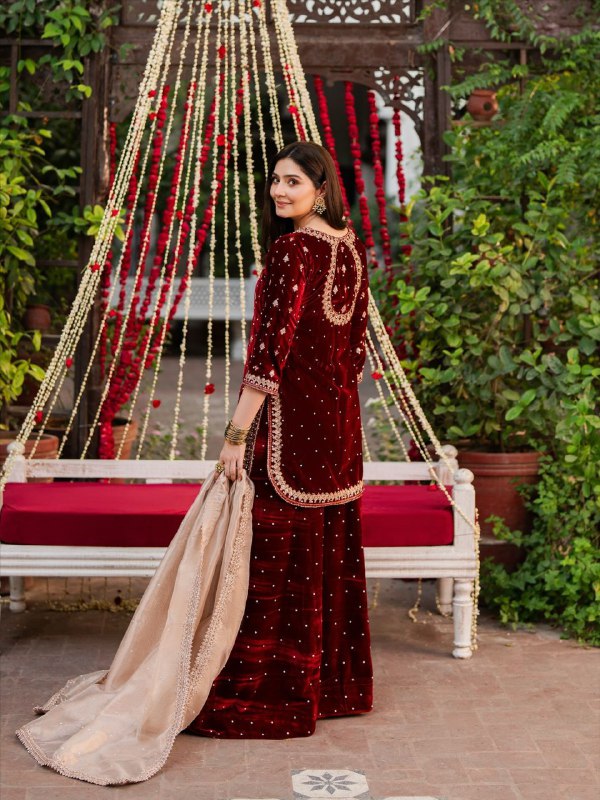 Fully Stitched Viscose Velvet Party Wear Maroon 3-Piece Suit Set