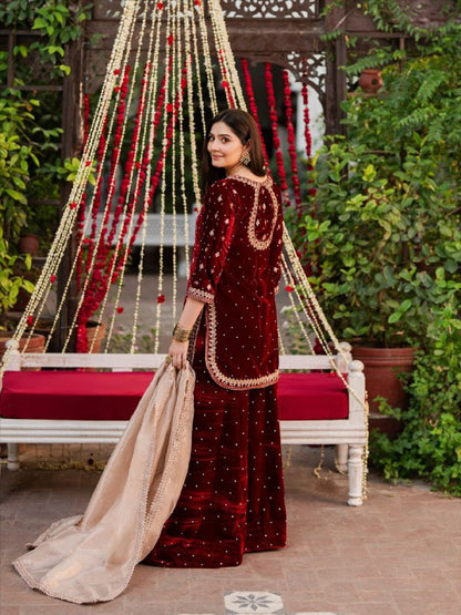 Fully Stitched Viscose Velvet Party Wear Maroon 3-Piece Suit Set