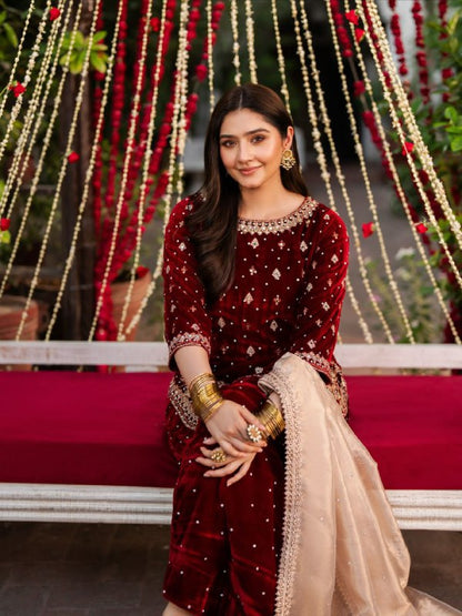 Fully Stitched Viscose Velvet Party Wear Maroon 3-Piece Suit Set