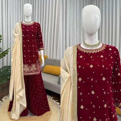 Fully Stitched Viscose Velvet Party Wear Maroon 3-Piece Suit Set