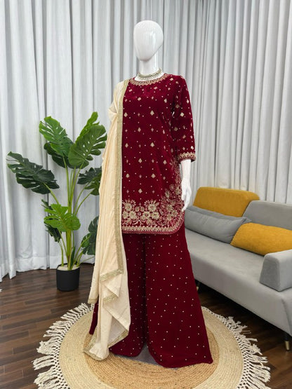 Fully Stitched Viscose Velvet Party Wear Maroon 3-Piece Suit Set