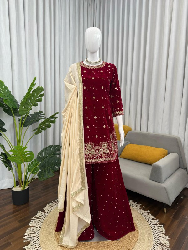 Fully Stitched Viscose Velvet Party Wear Maroon 3-Piece Suit Set