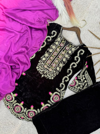 Winter Velvet Collection – Black Viscose Velvet Top, Farshi Salwar & Dupatta Set