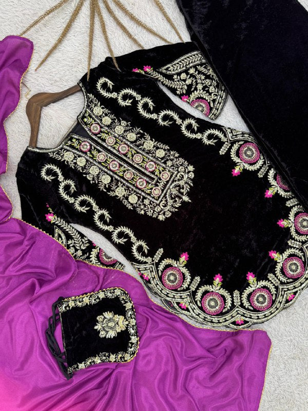 Winter Velvet Collection – Black Viscose Velvet Top, Farshi Salwar & Dupatta Set
