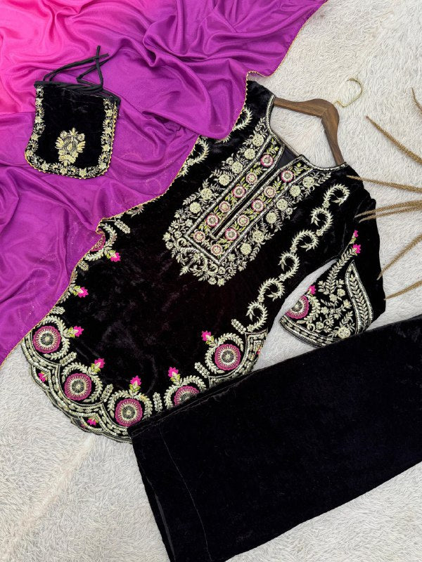 Winter Velvet Collection – Black Viscose Velvet Top, Farshi Salwar & Dupatta Set
