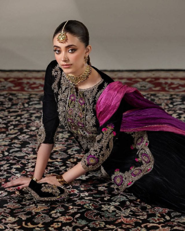 Winter Velvet Collection – Black Viscose Velvet Top, Farshi Salwar & Dupatta Set