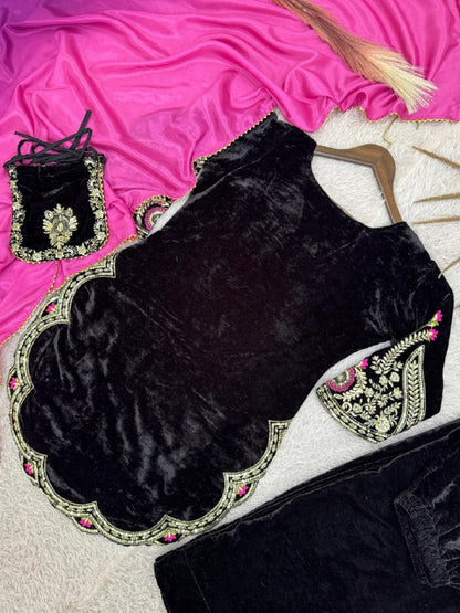 Winter Velvet Collection – Black Viscose Velvet Top, Farshi Salwar & Dupatta Set