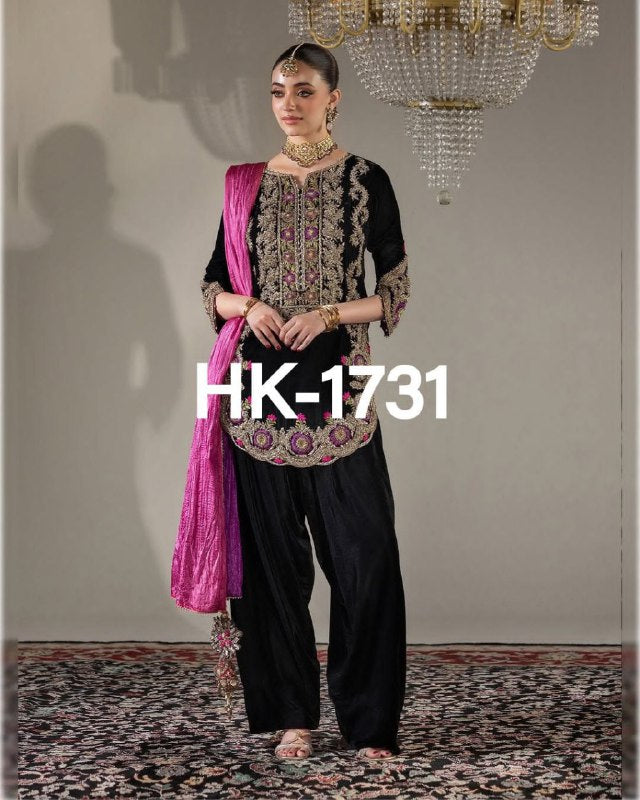 Winter Velvet Collection – Black Viscose Velvet Top, Farshi Salwar & Dupatta Set