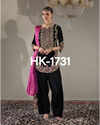 Winter Velvet Collection – Black Viscose Velvet Top, Farshi Salwar & Dupatta Set