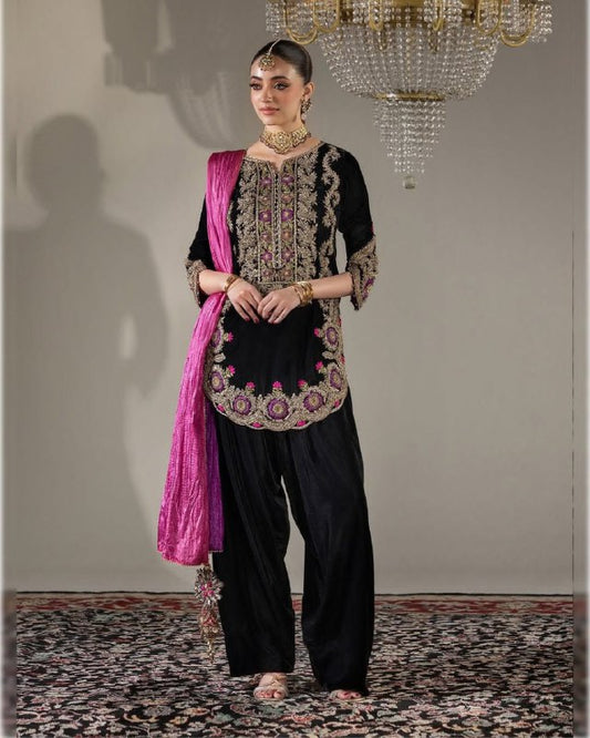 Winter Velvet Collection – Black Viscose Velvet Top, Farshi Salwar & Dupatta Set