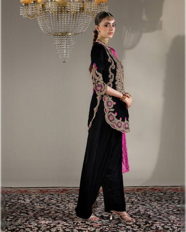 Winter Velvet Collection – Black Viscose Velvet Top, Farshi Salwar & Dupatta Set