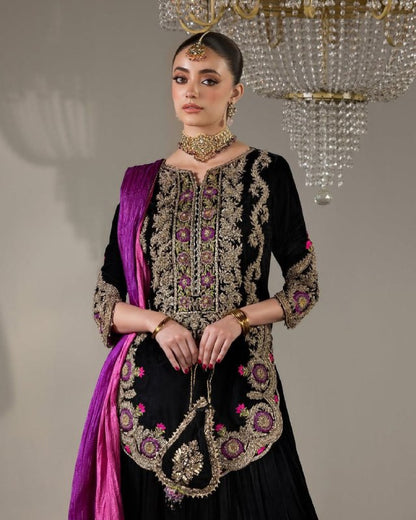 Winter Velvet Collection – Black Viscose Velvet Top, Farshi Salwar & Dupatta Set