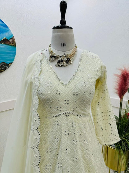 Designer Party Wear Off White Long Gown For Women, Pant & Dupatta Set