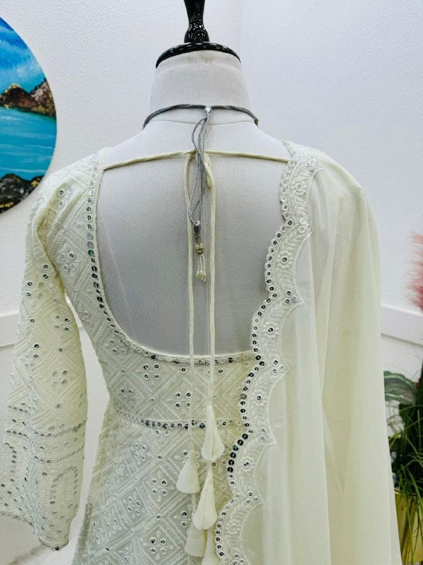 Designer Party Wear Off White Long Gown For Women, Pant & Dupatta Set