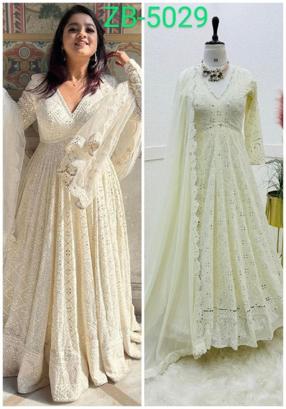 Designer Party Wear Off White Long Gown For Women, Pant & Dupatta Set