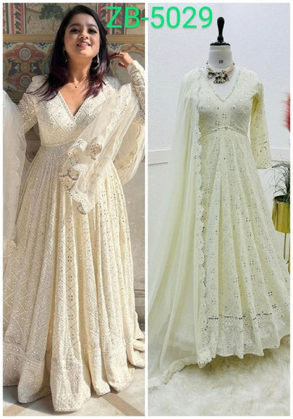 Designer Party Wear Off White Long Gown For Women, Pant & Dupatta Set