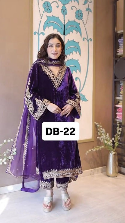 Heavy Velvet & Embroidery Work Purple Party Wear 3 Piece Suit Set For Women