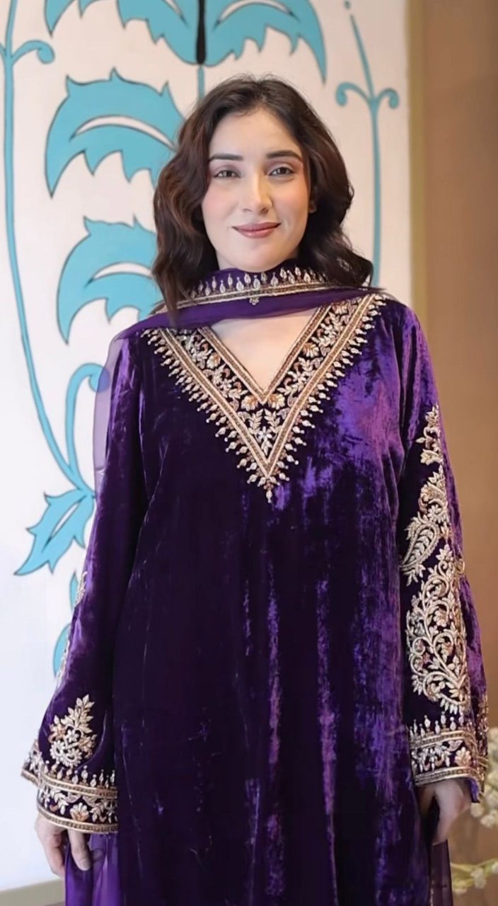 Heavy Velvet & Embroidery Work Purple Party Wear 3 Piece Suit Set For Women