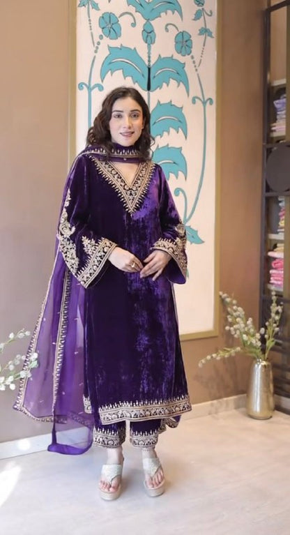 Heavy Velvet & Embroidery Work Purple Party Wear 3 Piece Suit Set For Women