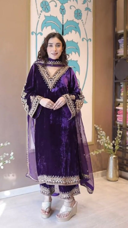 Heavy Velvet & Embroidery Work Purple Party Wear 3 Piece Suit Set For Women