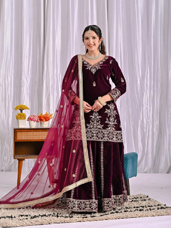 Heavy Viscose Velvet Party Wear Maroon Sharara Palazzo For Women