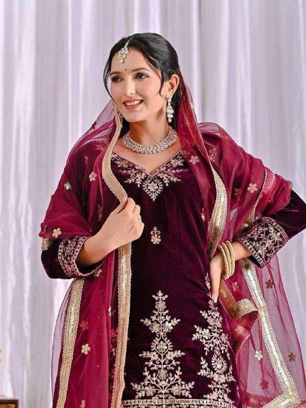 Heavy Viscose Velvet Party Wear Maroon Sharara Palazzo For Women