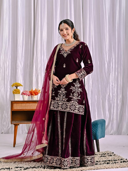 Heavy Viscose Velvet Party Wear Maroon Sharara Palazzo For Women