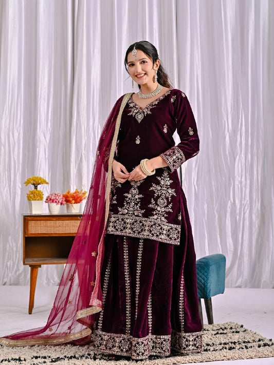 Heavy Viscose Velvet Party Wear Maroon Sharara Palazzo For Women