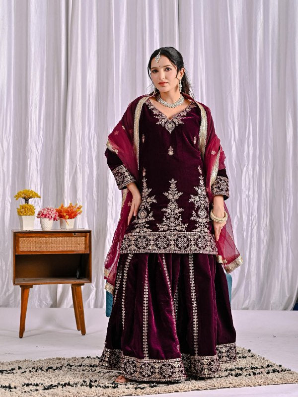 Heavy Viscose Velvet Party Wear Maroon Sharara Palazzo For Women
