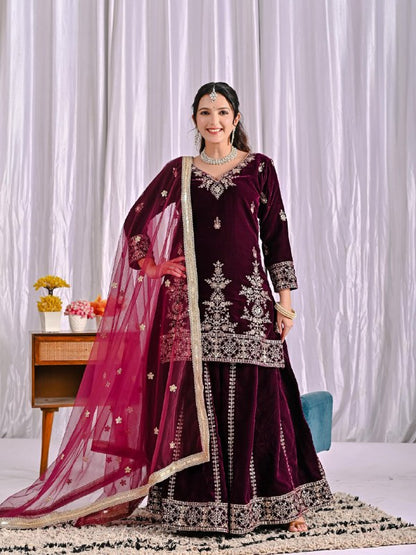 Heavy Viscose Velvet Party Wear Maroon Sharara Palazzo For Women