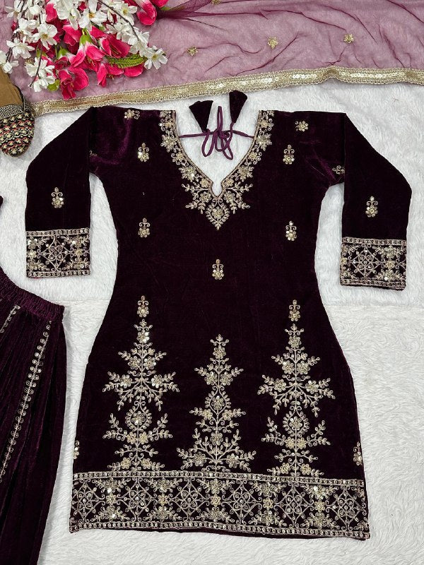 Heavy Viscose Velvet Party Wear Maroon Sharara Palazzo For Women