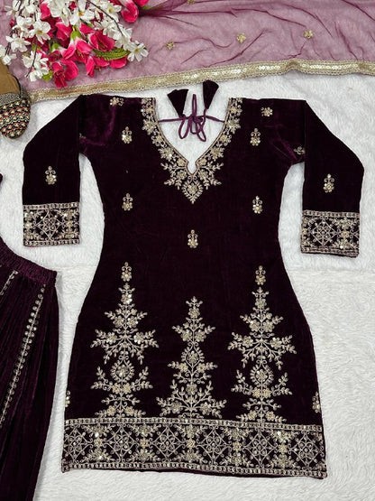 Heavy Viscose Velvet Party Wear Maroon Sharara Palazzo For Women