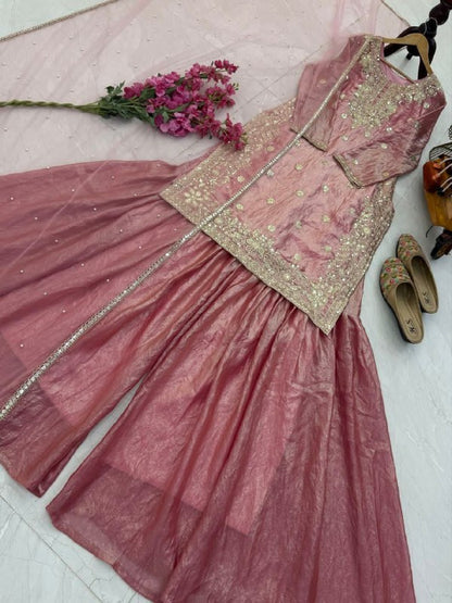 Designer Party Wear Pink Top Palazzo For Women With Dupatta Set