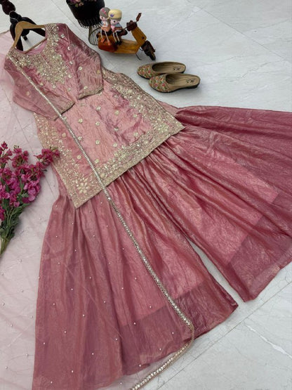Designer Party Wear Pink Top Palazzo For Women With Dupatta Set