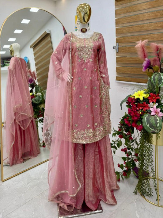 Designer Party Wear Pink Top Palazzo For Women With Dupatta Set