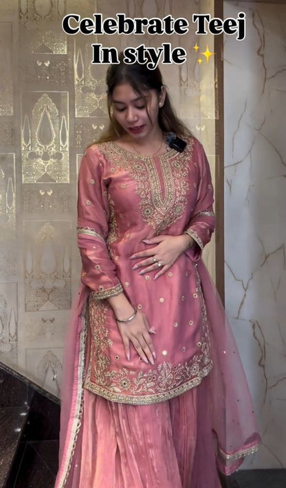 Designer Party Wear Pink Top Palazzo For Women With Dupatta Set