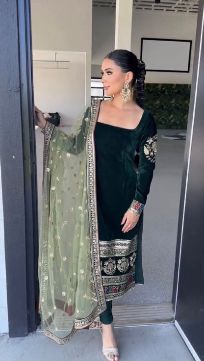 Party Wear Designer Set Black Viscose Velvet  Suit For Women