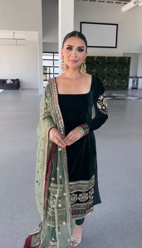 Party Wear Designer Set Black Viscose Velvet  Suit For Women