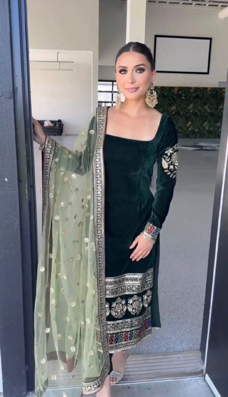 Party Wear Designer Set Black Viscose Velvet  Suit For Women