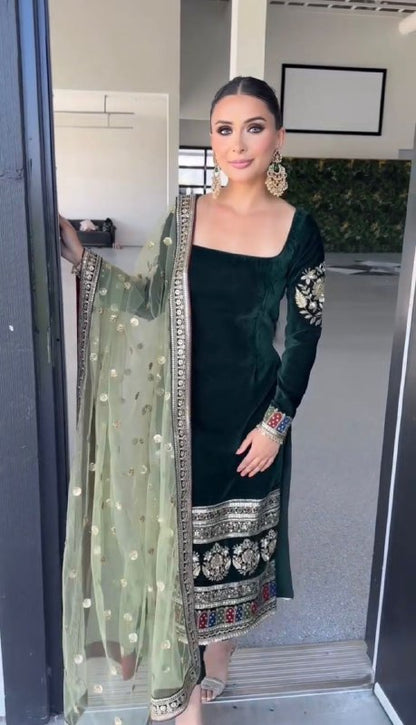 Party Wear Designer Set Black Viscose Velvet  Suit For Women