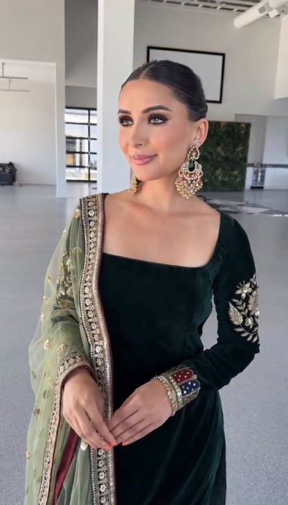 Party Wear Designer Set Black Viscose Velvet  Suit For Women