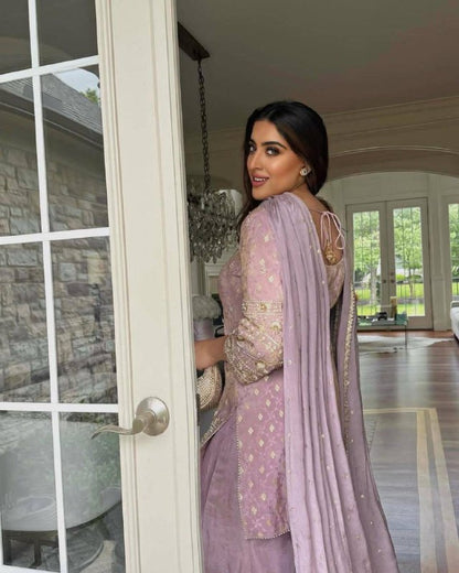 Premium Cosmos Simar Silk Purple Kurti Palazzo for Women with Dupatta Set