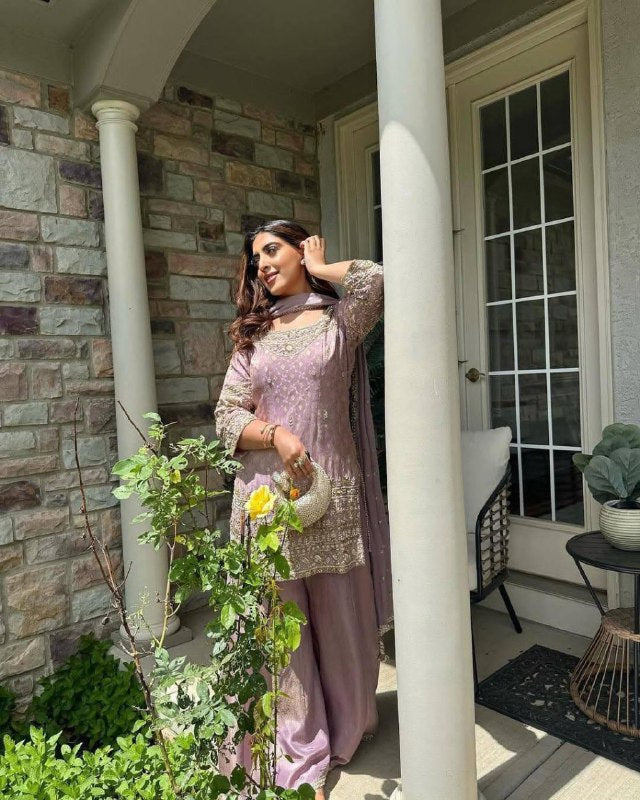 Premium Cosmos Simar Silk Purple Kurti Palazzo for Women with Dupatta Set