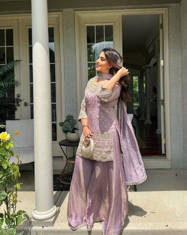 Premium Cosmos Simar Silk Purple Kurti Palazzo for Women with Dupatta Set