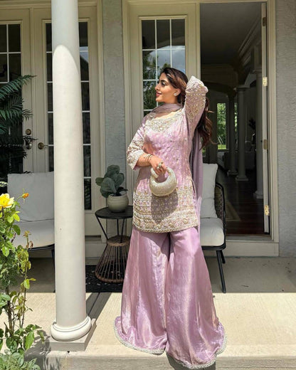 Premium Cosmos Simar Silk Purple Kurti Palazzo for Women with Dupatta Set