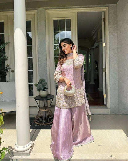 Premium Cosmos Simar Silk Purple Kurti Palazzo for Women with Dupatta Set